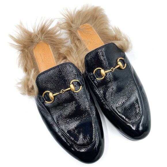 Gucci Princetown Fur Loafer Mules Flat Black Patent Leather Horsebit Sz 36 / 6 - Picture 1 of 7